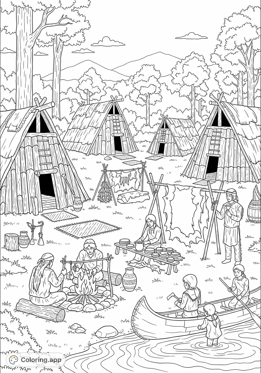 Explore a detailed 1780s Wyandot village scene, featuring traditional longhouses, daily activities, and a vibrant community amidst a natural Canadian landscape.