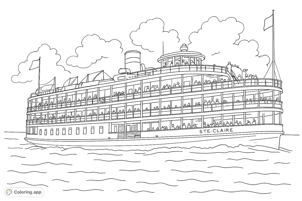 Embark on a journey with this historic steamboat coloring page. Featuring a grand multi-deck vessel, passengers, and a scenic water background.