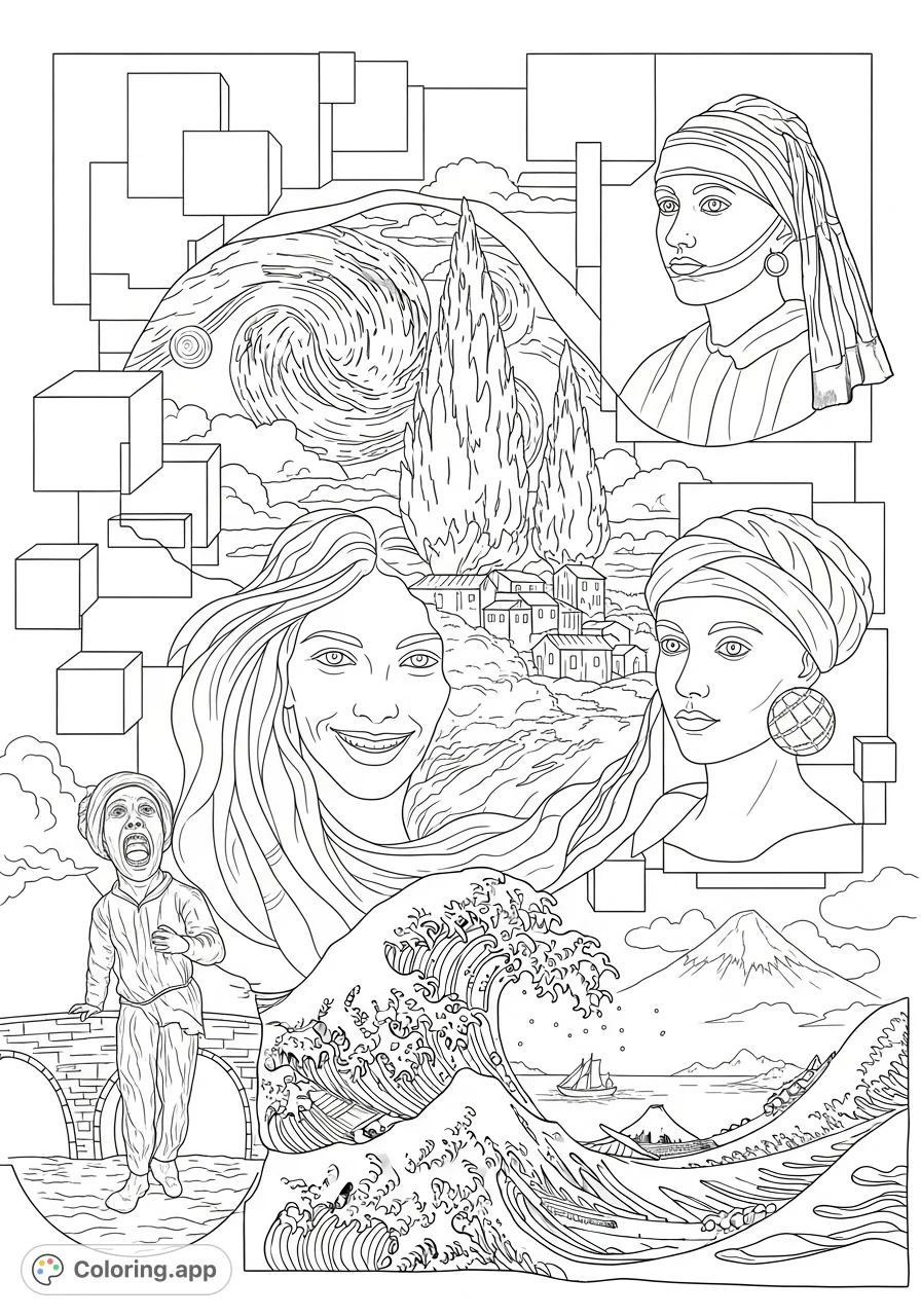 Explore a captivating collage of famous artworks, blending iconic portraits, swirling landscapes, and geometric patterns into a single, intricate design.