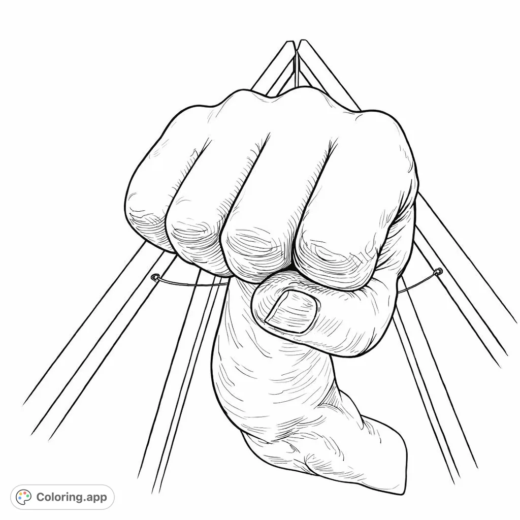 Color a powerful, monumental fist rising among towering skyscrapers within a striking geometric framework. A realistic urban scene for detailed coloring.