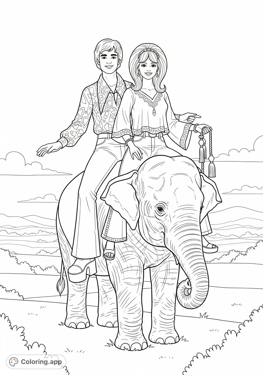Capture a unique retro scene with two teens in 1976 fashion riding a majestic Asian elephant. A nostalgic and whimsical coloring adventure awaits!