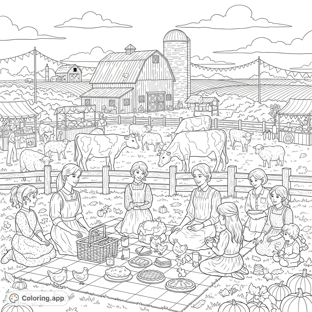 Step back in time to a charming late 1800s fall fair picnic scene. Families enjoy a feast amidst grazing livestock and a classic farm backdrop, perfect for nostalgic coloring.