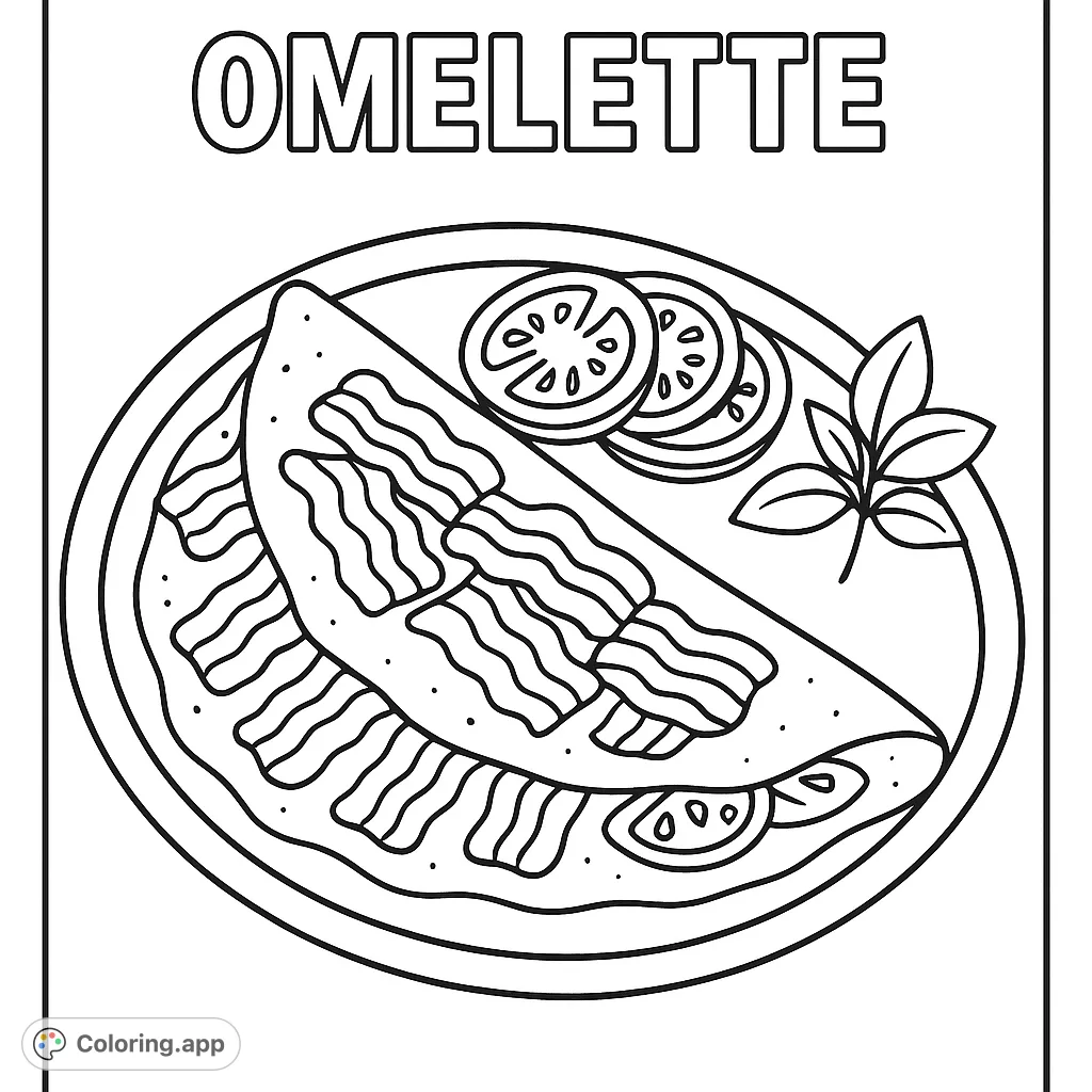 A delicious bacon omelette coloring page, perfect for food lovers! Features a hearty breakfast meal with savory bacon, fresh tomatoes, and herbs.
