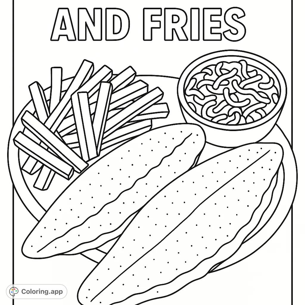 Savor a delicious Catfish and Fries coloring page! Features two fish fillets, a pile of fries, and a sauce bowl. Perfect for foodies and fun.