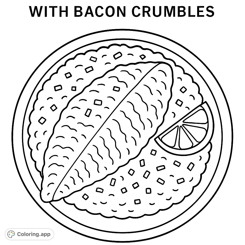 A delicious catfish and grits coloring page, complete with bacon crumbles and a lemon wedge. Perfect for foodies and aspiring chefs!