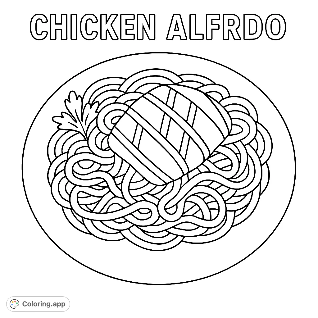 A delicious Chicken Alfredo coloring page featuring a plate of pasta, grilled chicken, and a sprig of garnish. Perfect for food lovers!