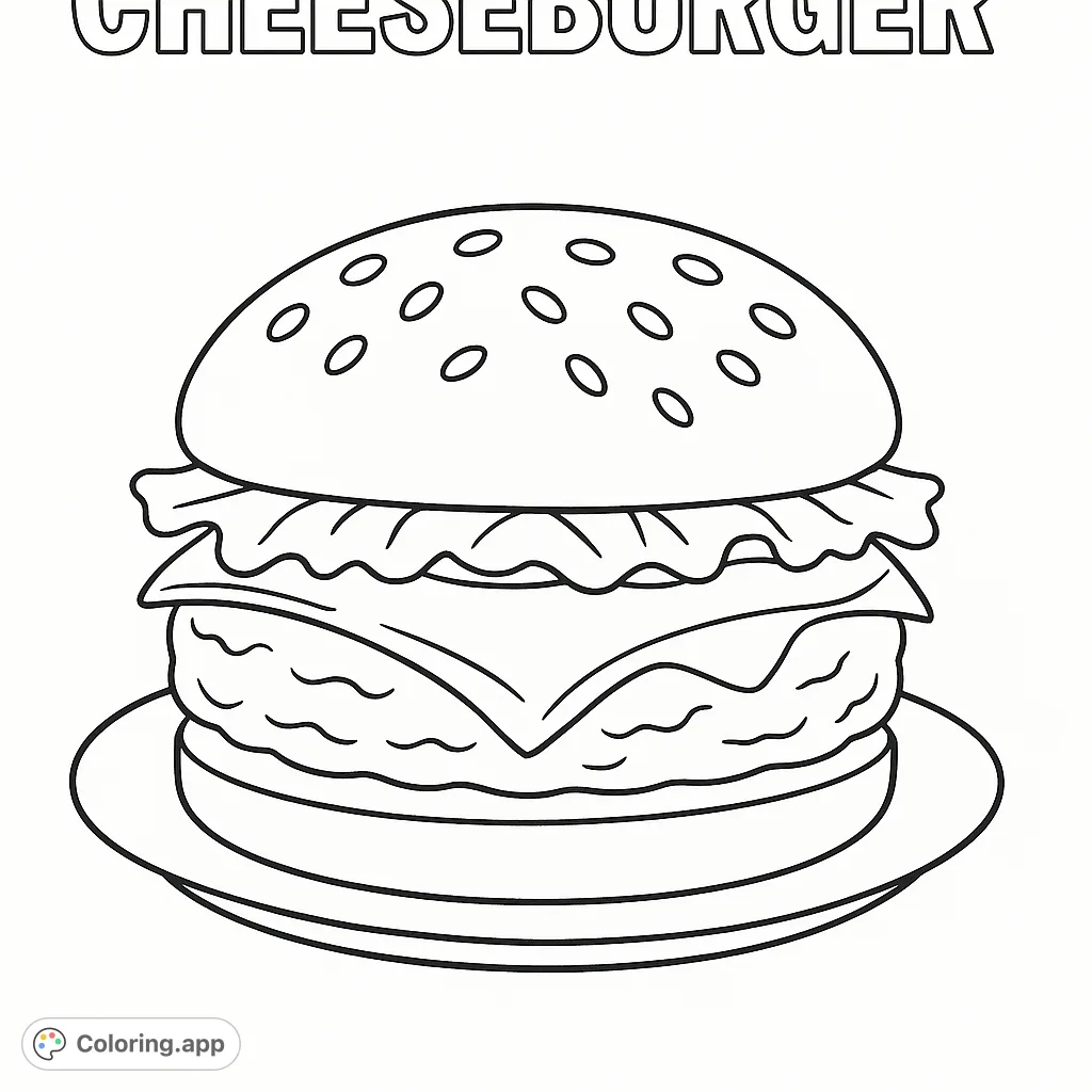 A delicious cheeseburger on a plate, ready for your creative touch! Perfect for food lovers and aspiring chefs to color.