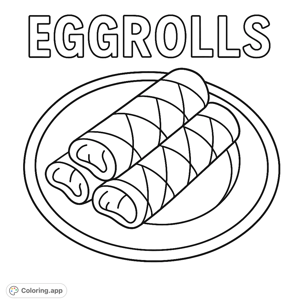 Color a delightful scene of three crispy eggrolls on a serving plate, with the word "EGGROLLS" above. Perfect for food lovers and quick coloring fun!