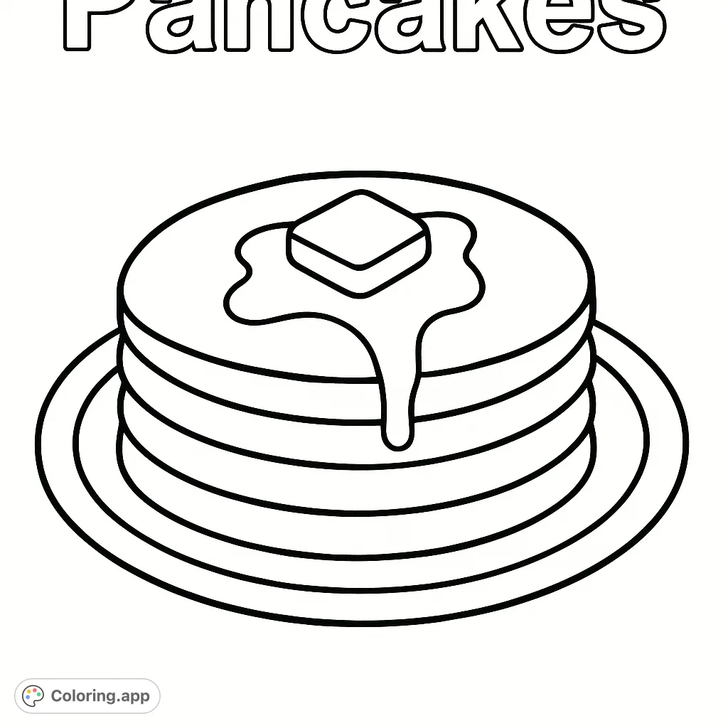 Color a delightful stack of pancakes with melting butter and syrup, perfect for a sweet breakfast scene. Includes the word "Pancakes".