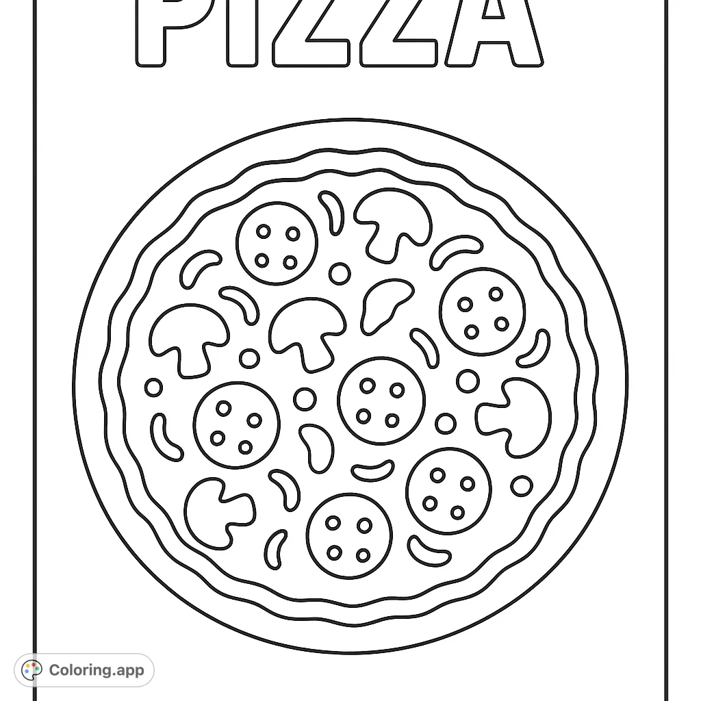 A fun pizza coloring page featuring a large, round pizza with various toppings and the word "PIZZA" above, perfect for food lovers of all ages.