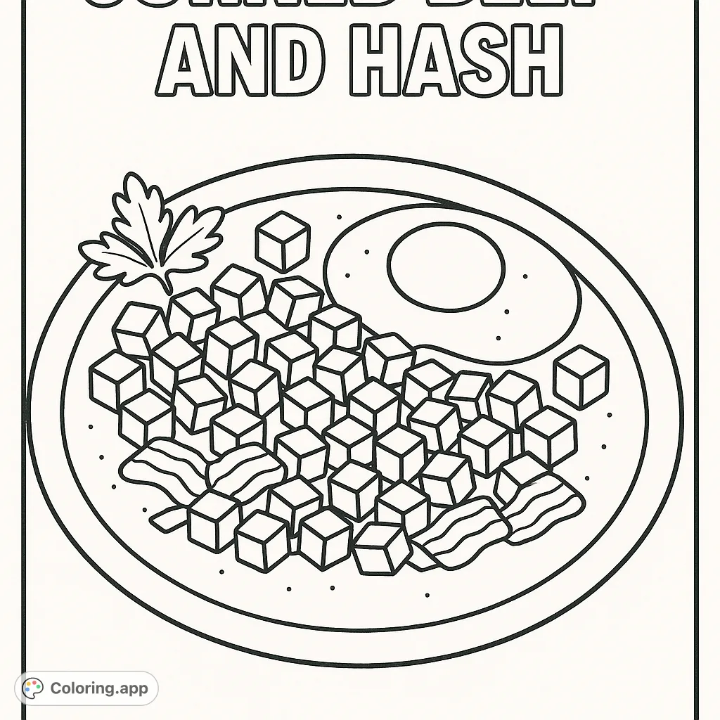 A delicious corned beef hash and egg meal, perfect for foodies and breakfast lovers. A free printable coloring page for all ages.