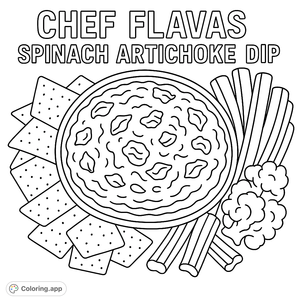 A delicious spinach artichoke dip with crunchy chips and fresh vegetables, perfect for a fun food-themed coloring page. Free printable for all ages!