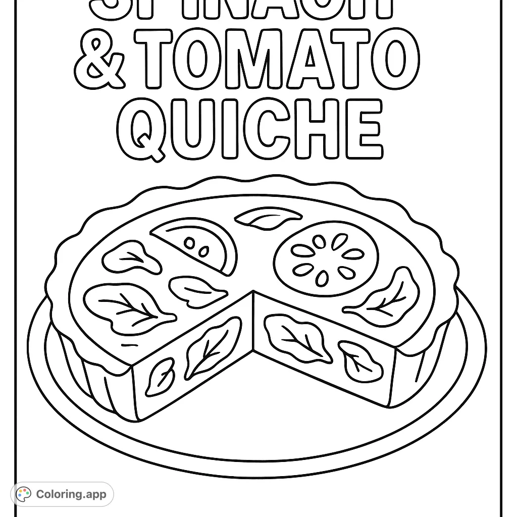 A delicious spinach and tomato quiche, complete with a slice removed, ready for you to add vibrant colors. Perfect for foodies and aspiring chefs!