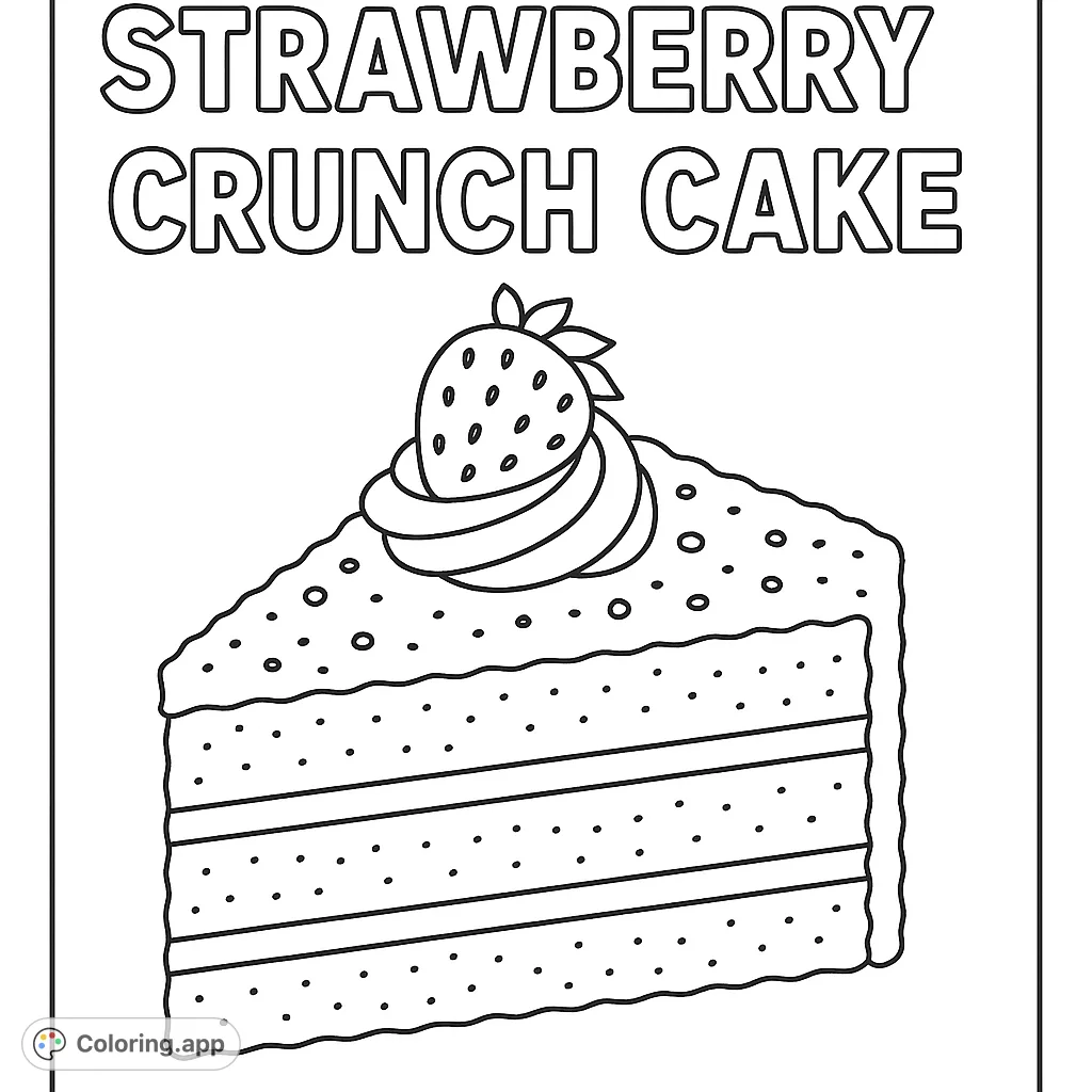 A delightful strawberry crunch cake slice, perfect for sweet-themed coloring. Features layered cake, frosting, and a berry topping.