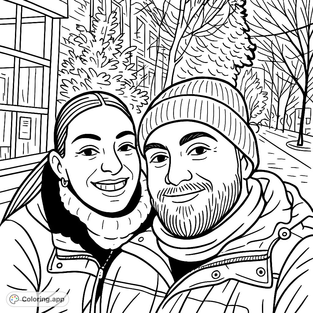 Capture a heartwarming moment with this couple's outdoor selfie coloring page. Features two smiling individuals in winter attire against an urban backdrop.