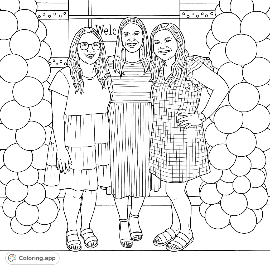 Three smiling women stand between festive pencil-shaped balloon columns, ready for a new school year. A fun, welcoming scene.