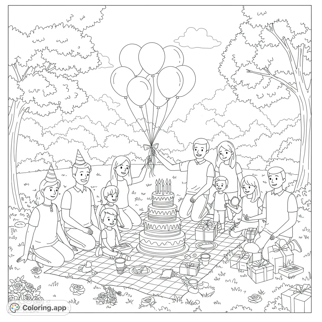 A joyful family celebrates a birthday party outdoors in a vibrant park setting, complete with cake and presents, perfect for a free printable coloring page.