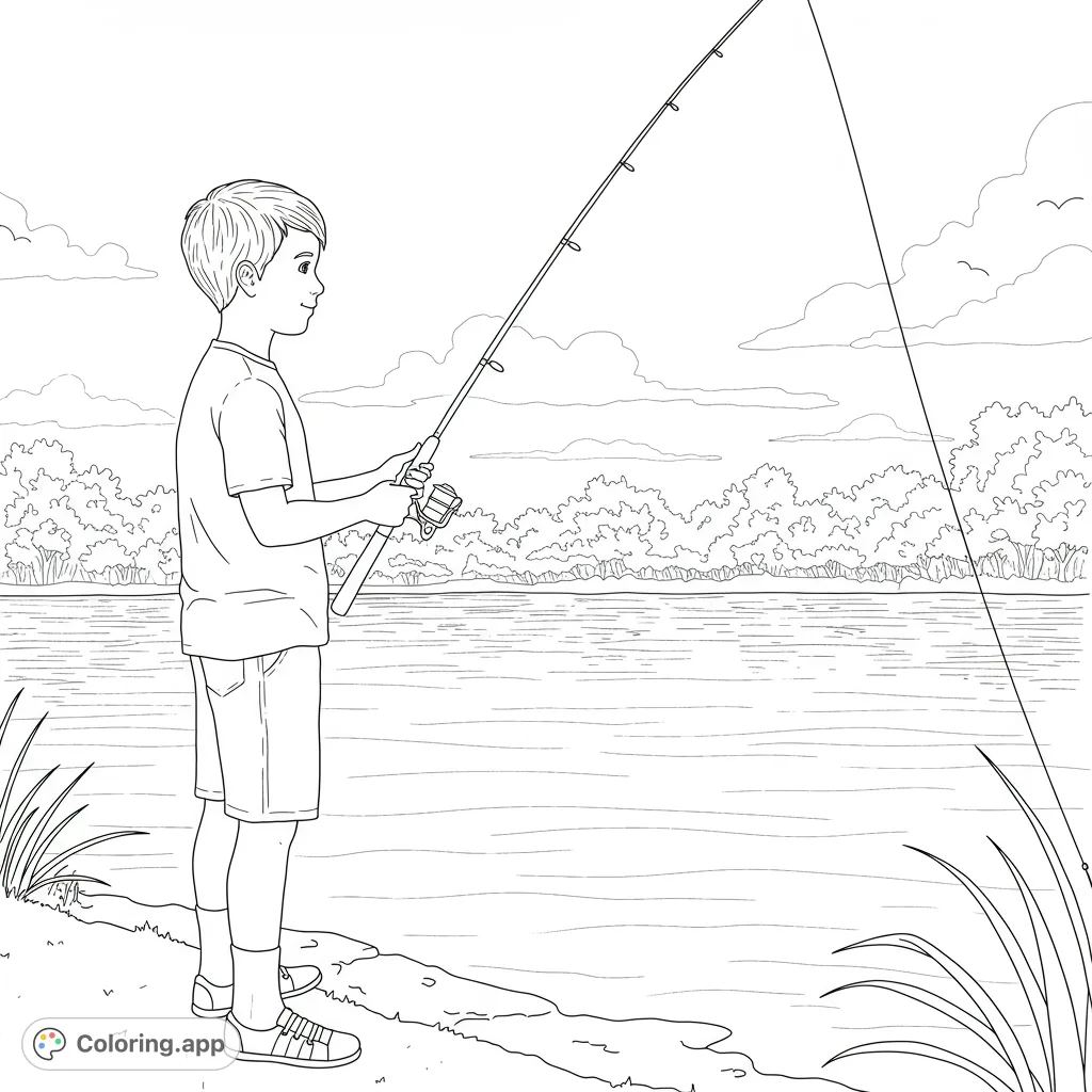 A detailed fishing scene featuring a young boy by a vast body of water with intricate ripples, a distant treeline, and soft cloud formations.