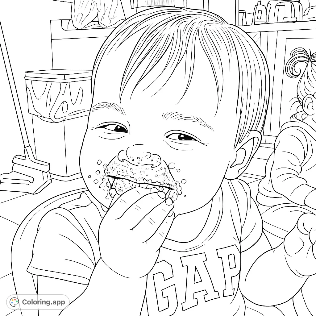 A delightful coloring page featuring a happy toddler with a messy face after enjoying a snack, perfect for young artists.