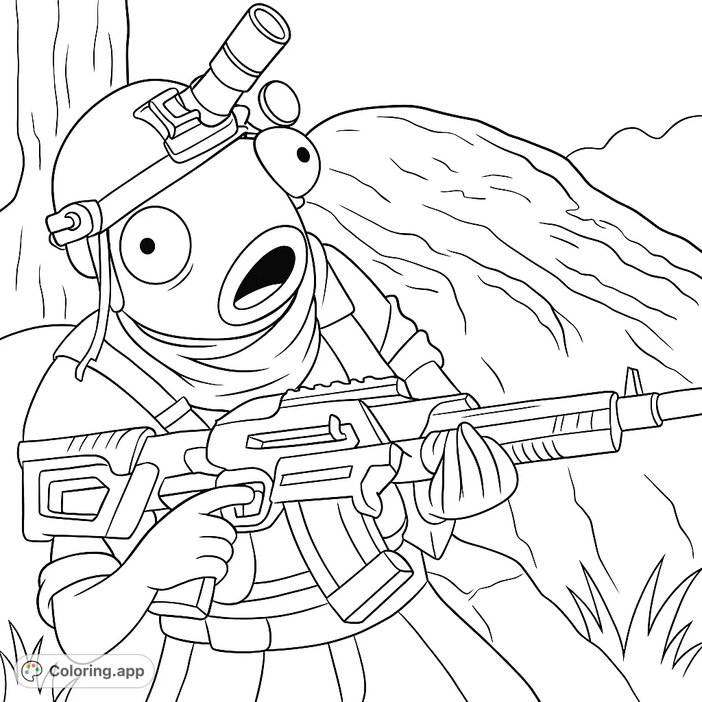 An action-packed tactical fish character holding a rifle, ready for adventure. Perfect for fans of gaming and unique heroes.