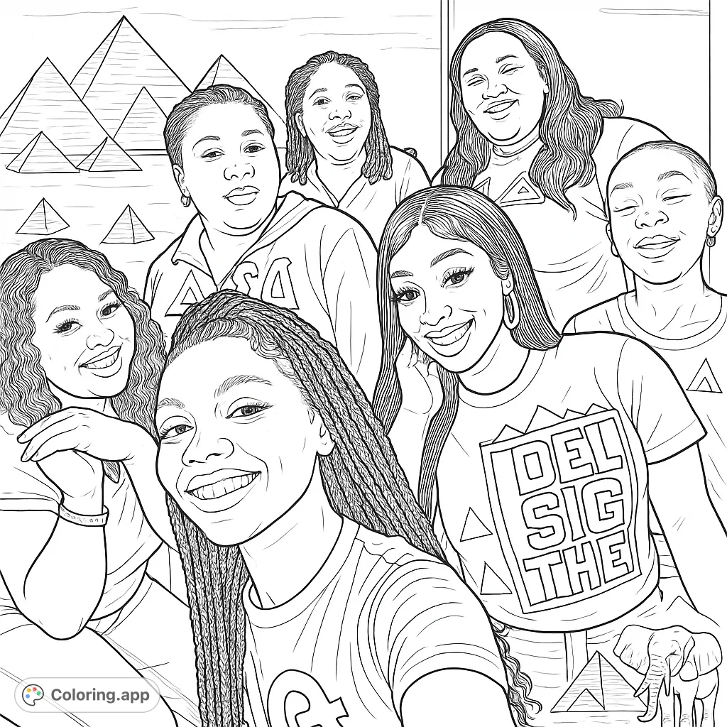 A realistic group portrait coloring page featuring six smiling women, perfect for practicing skin tones, hair textures, and capturing expressions.