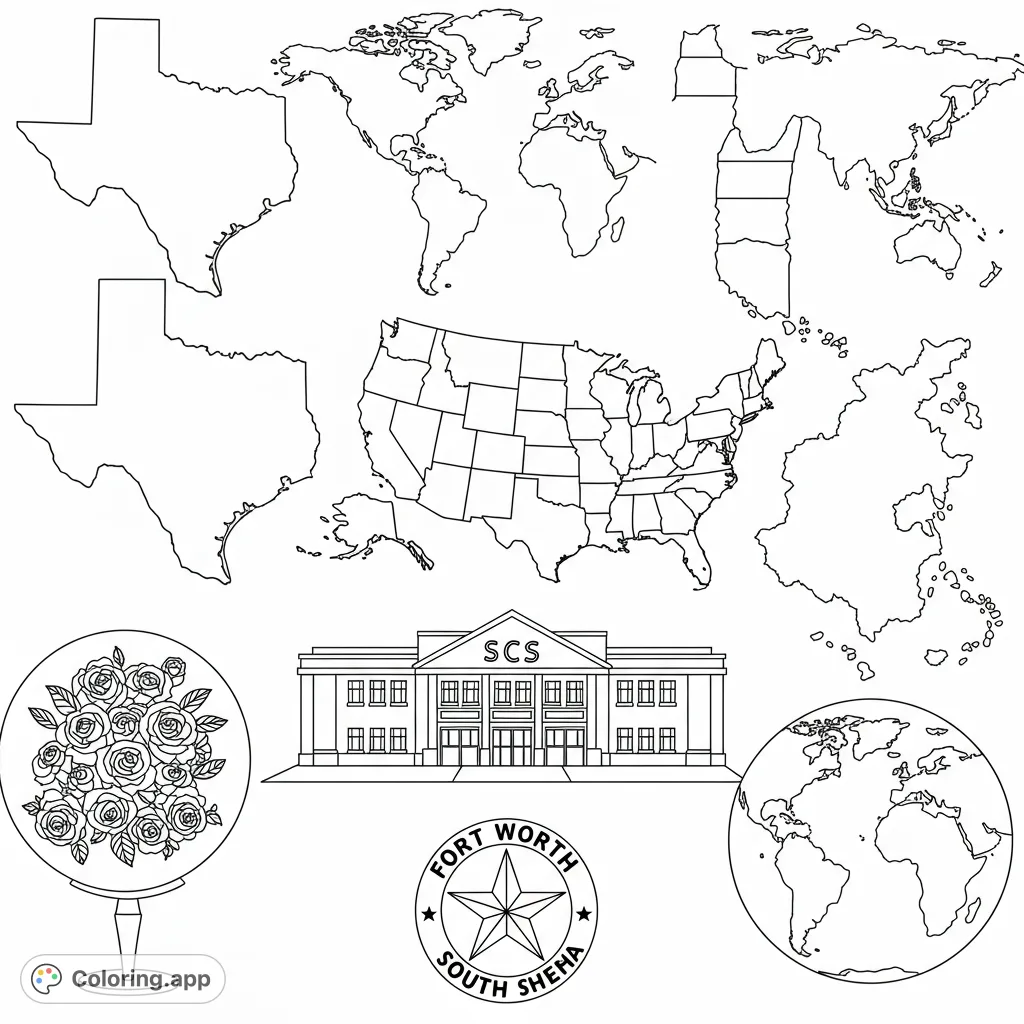 Explore geography and local pride with this unique coloring page featuring outlines of the world, continents, USA, Texas, a school, and the Fort Worth logo.
