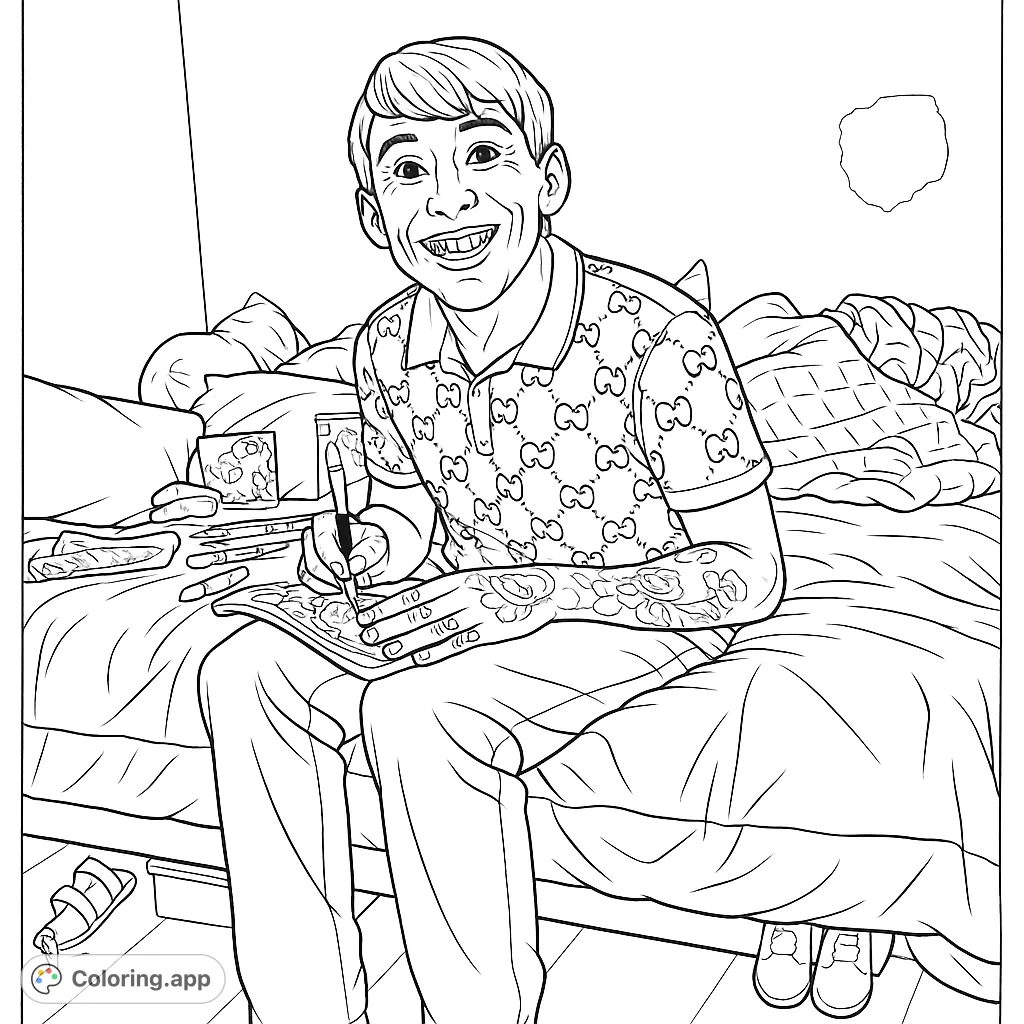 A person enjoying a relaxing coloring session on a comfortable bed, surrounded by art supplies. Perfect for unwinding and creative expression.