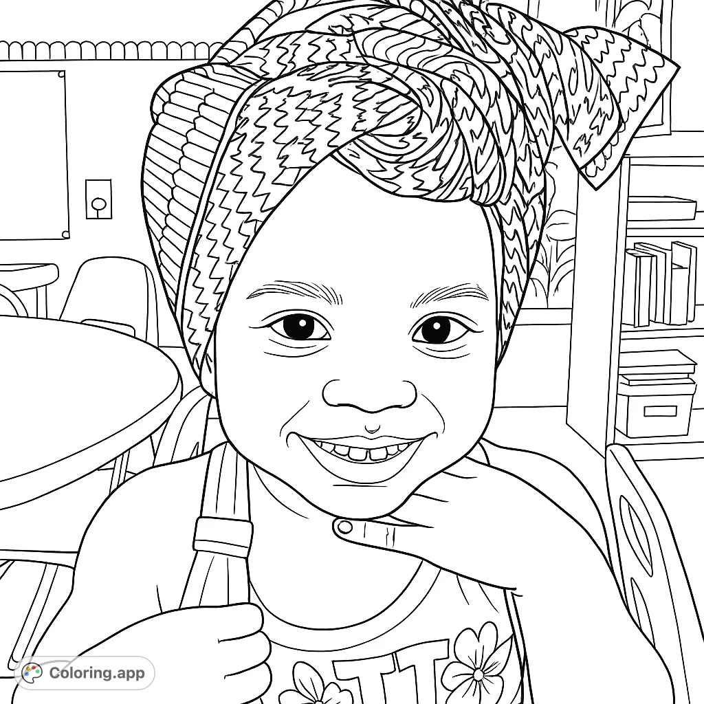 Capture the joy of a child in a beautiful patterned headwrap. This free printable coloring page features intricate details for a delightful creative experience.