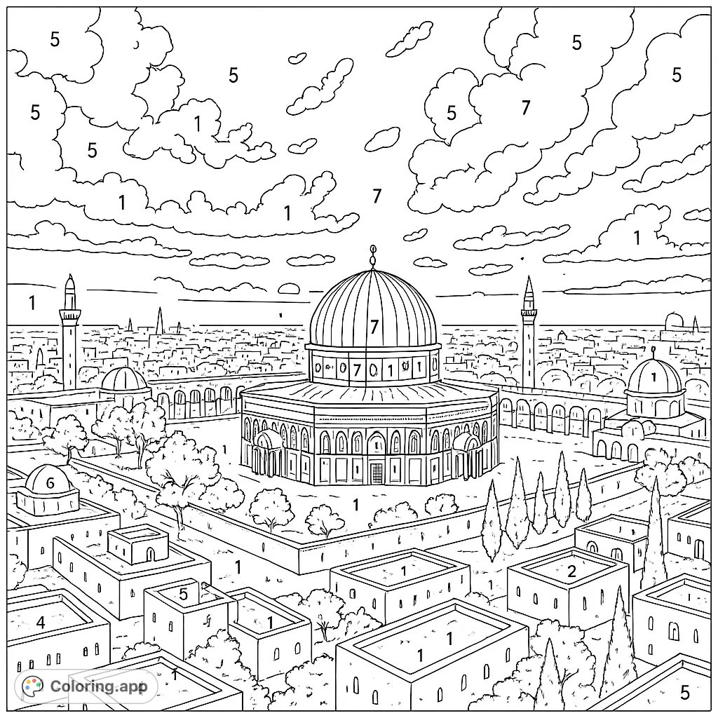Explore a detailed architectural cityscape featuring an iconic domed structure and minarets, set against a dramatic sky. A captivating historical scene.