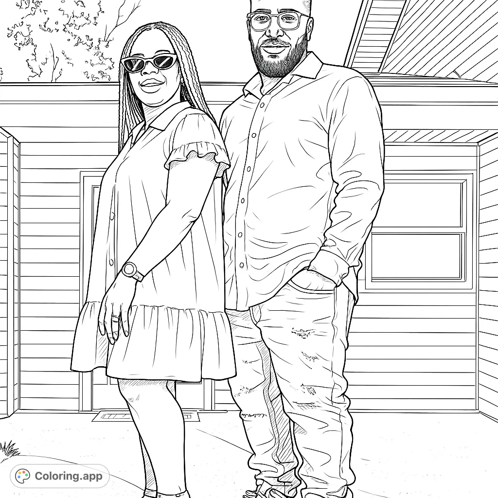 Capture the essence of a modern couple in this detailed portrait coloring page. Perfect for personalizing outfits and practicing realistic textures.