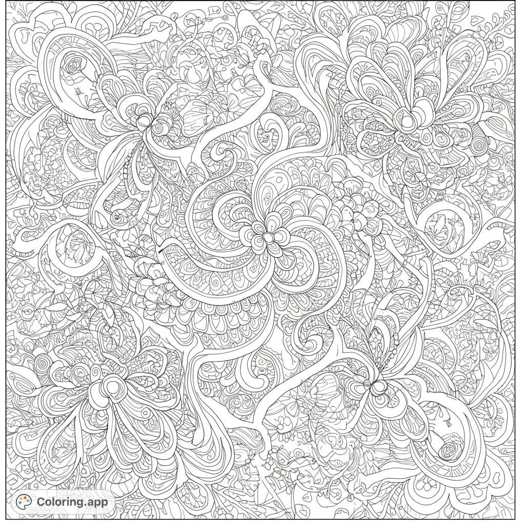Explore intricate abstract patterns with flowing lines and organic shapes, perfect for meditative coloring and finding inner peace. A complex design for adults.