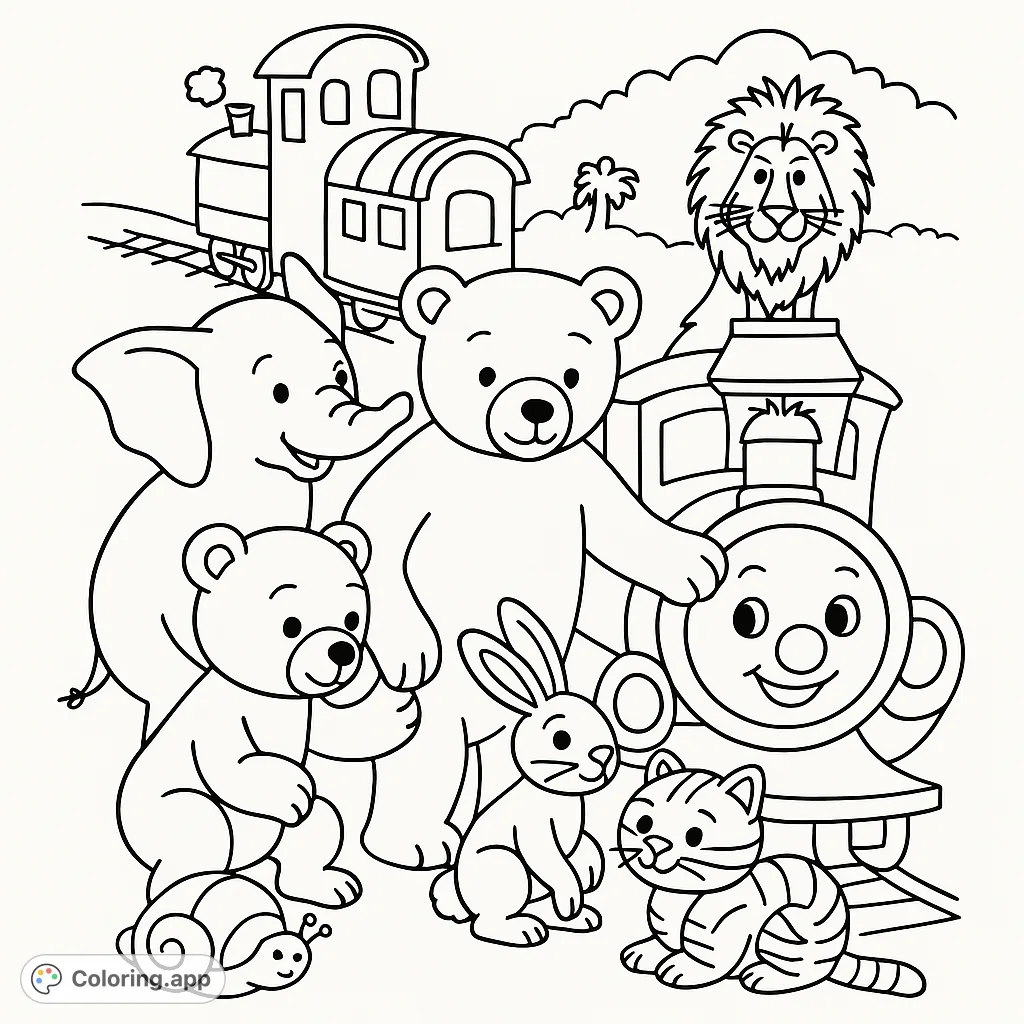 Join a delightful animal crew on a train adventure! This charming coloring page features a bear, elephant, rabbit, and more with a happy train.