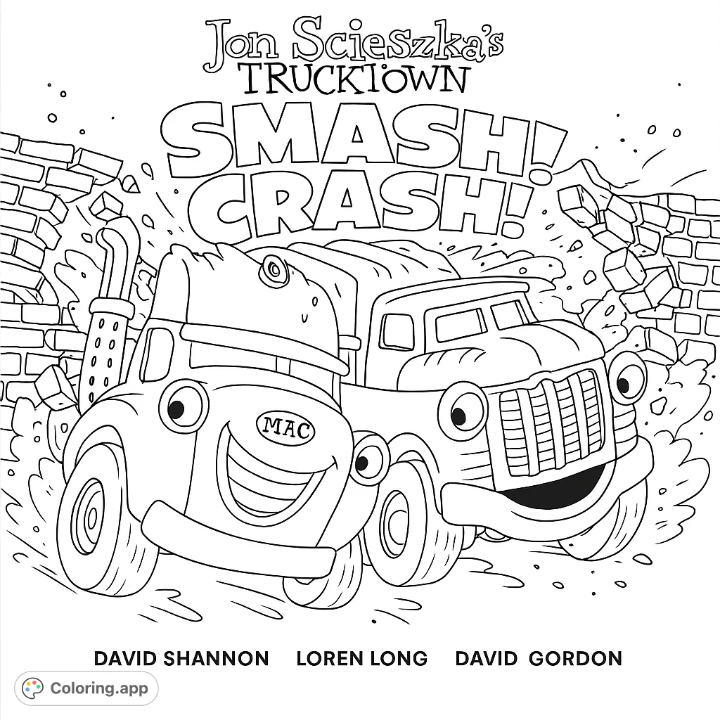 Get ready for action with this dynamic trucks coloring page! Two expressive trucks are caught in a thrilling scene with a crumbling wall and flying debris.