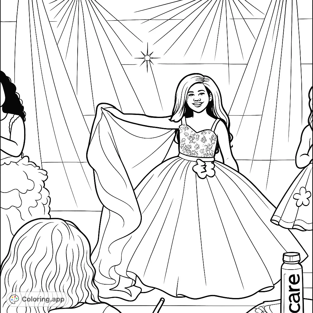 A dazzling pageant star in a beautiful gown, ready for you to bring to life with your favorite colors. Perfect for aspiring performers!