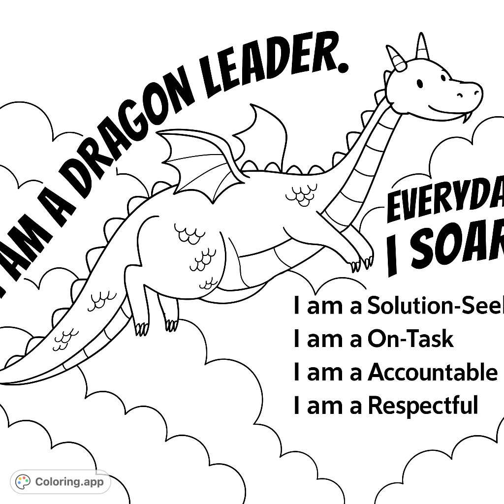A motivational dragon leader soars through clouds, inspiring strength and confidence. Perfect for young aspiring leaders.