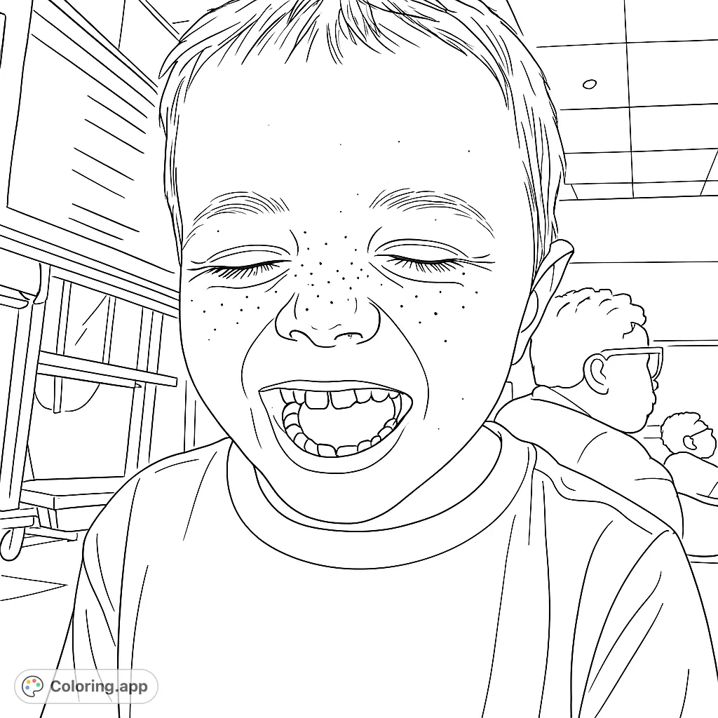 Capture pure joy with this close-up of a laughing child, featuring a wide smile and playful freckles. A delightful free printable coloring page.