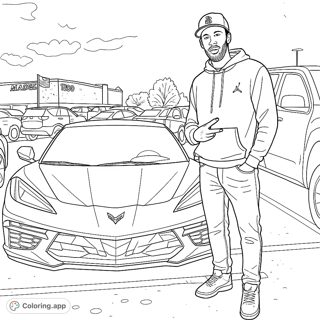 Color a dynamic scene featuring a modern sports car and a person in a parking lot. Perfect for car enthusiasts and those who enjoy urban settings.