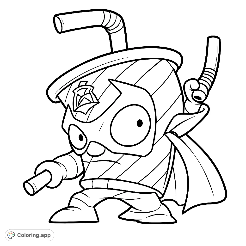 Unleash your creativity with this fun SuperThings character coloring page! A heroic cup with a cape and mask awaits your vibrant touch.