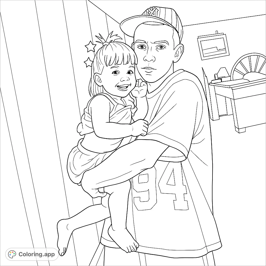 Capture a tender moment between a man and a child. This family-themed coloring page offers a heartwarming scene for all ages to enjoy.