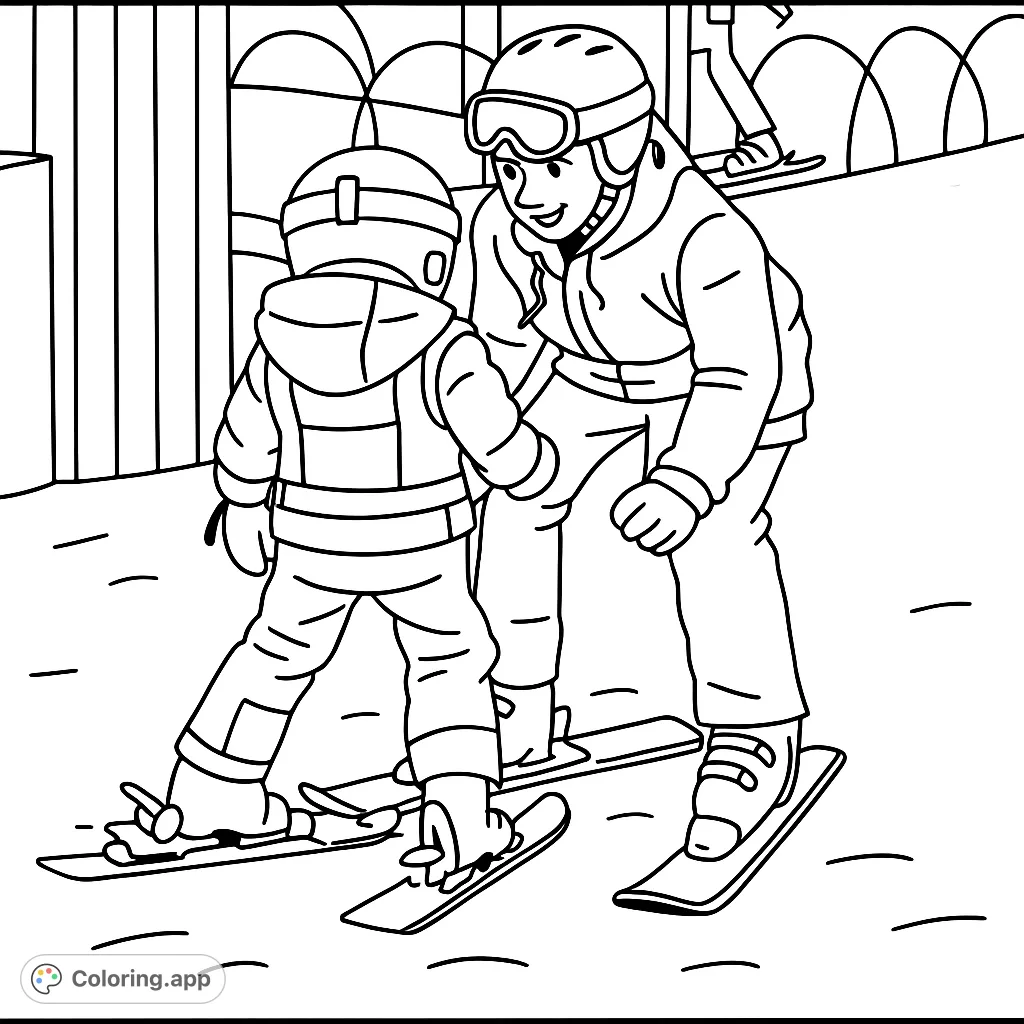 A heartwarming scene of a child learning to ski with an instructor, perfect for winter sports enthusiasts and aspiring skiers. Free printable ski coloring page.