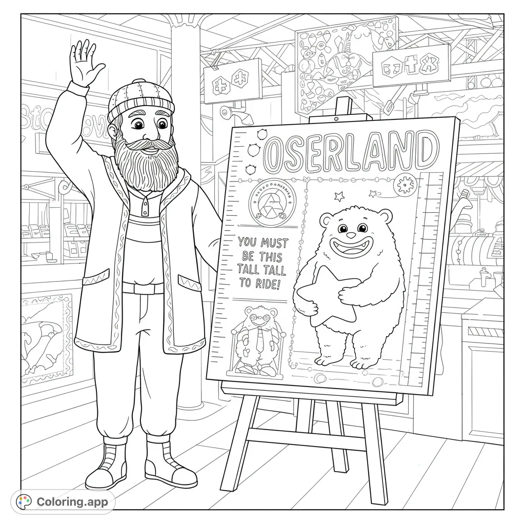 Step into Oslerland with this fun amusement park coloring page! A bearded man and a smiling furry creature on a sign invite you to measure up for adventure.