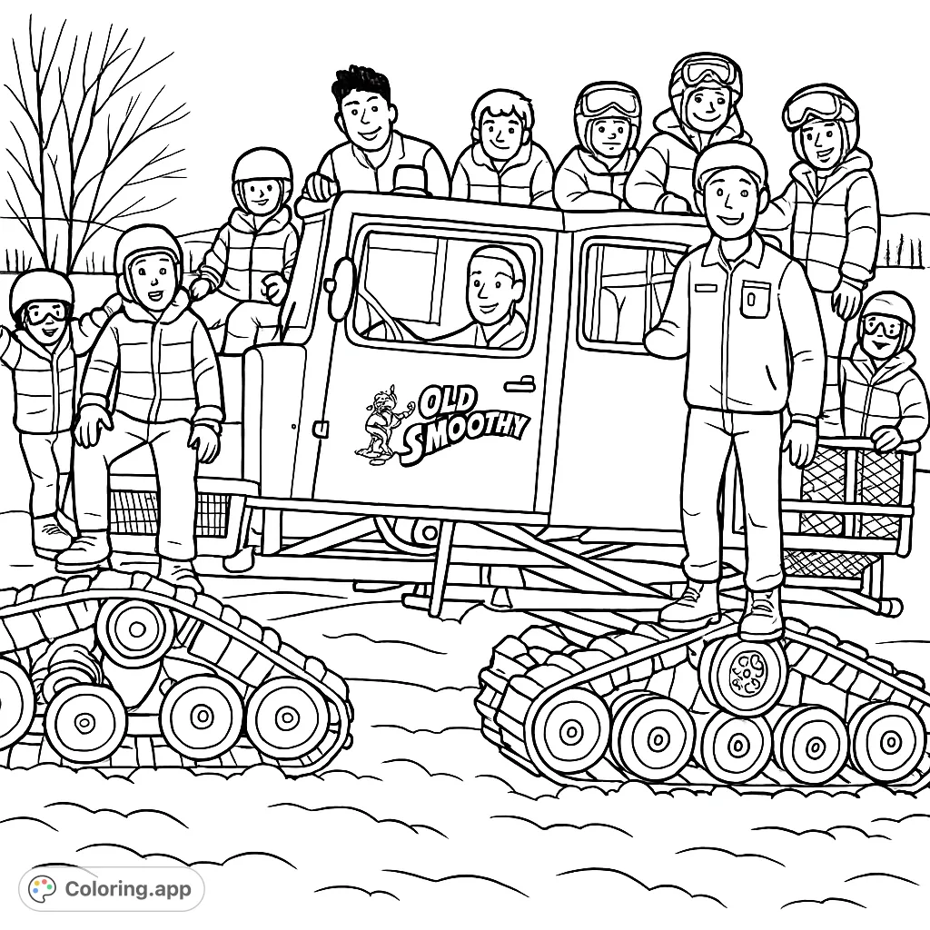 A fun winter scene featuring a group of kids posing on a large snow grooming machine, ready for a snowy adventure. Perfect for winter sports fans.