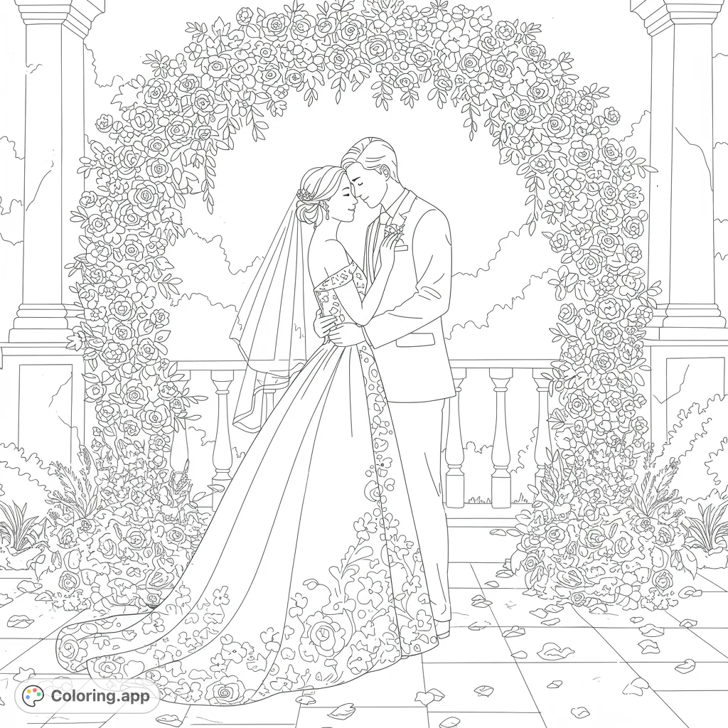 Capture the essence of love with this romantic wedding coloring page, featuring a couple, intricate attire, and abundant floral details.