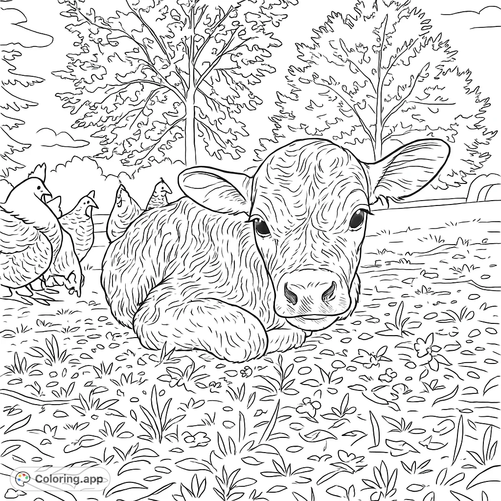 Discover a charming calf resting on the farm, surrounded by chickens and trees. A delightful farm animal coloring page for all ages to enjoy!