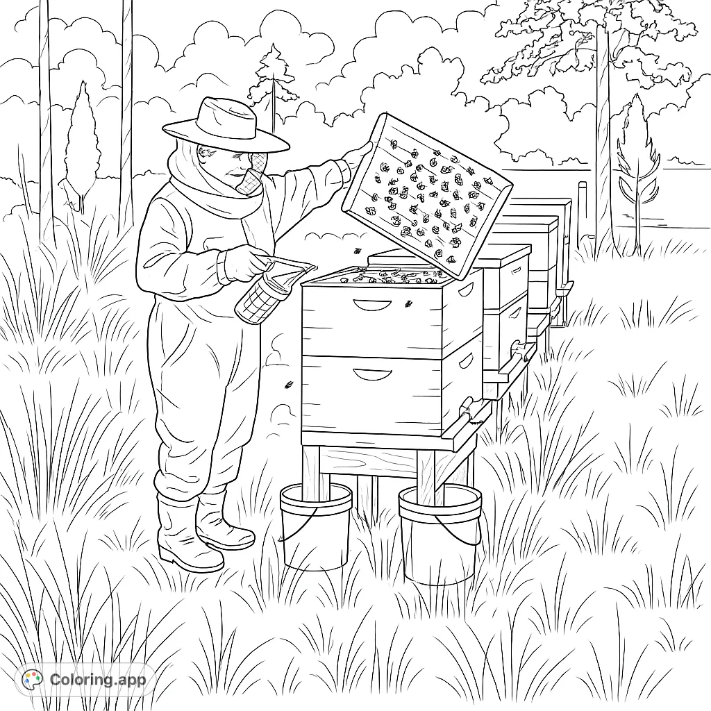 Explore the fascinating world of beekeeping! This detailed coloring page features a beekeeper tending to busy beehives in a sunny field, perfect for nature lovers.