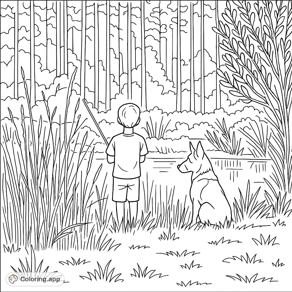 A heartwarming scene of a boy and his loyal dog by a peaceful pond, surrounded by nature. Perfect for a relaxing coloring experience.