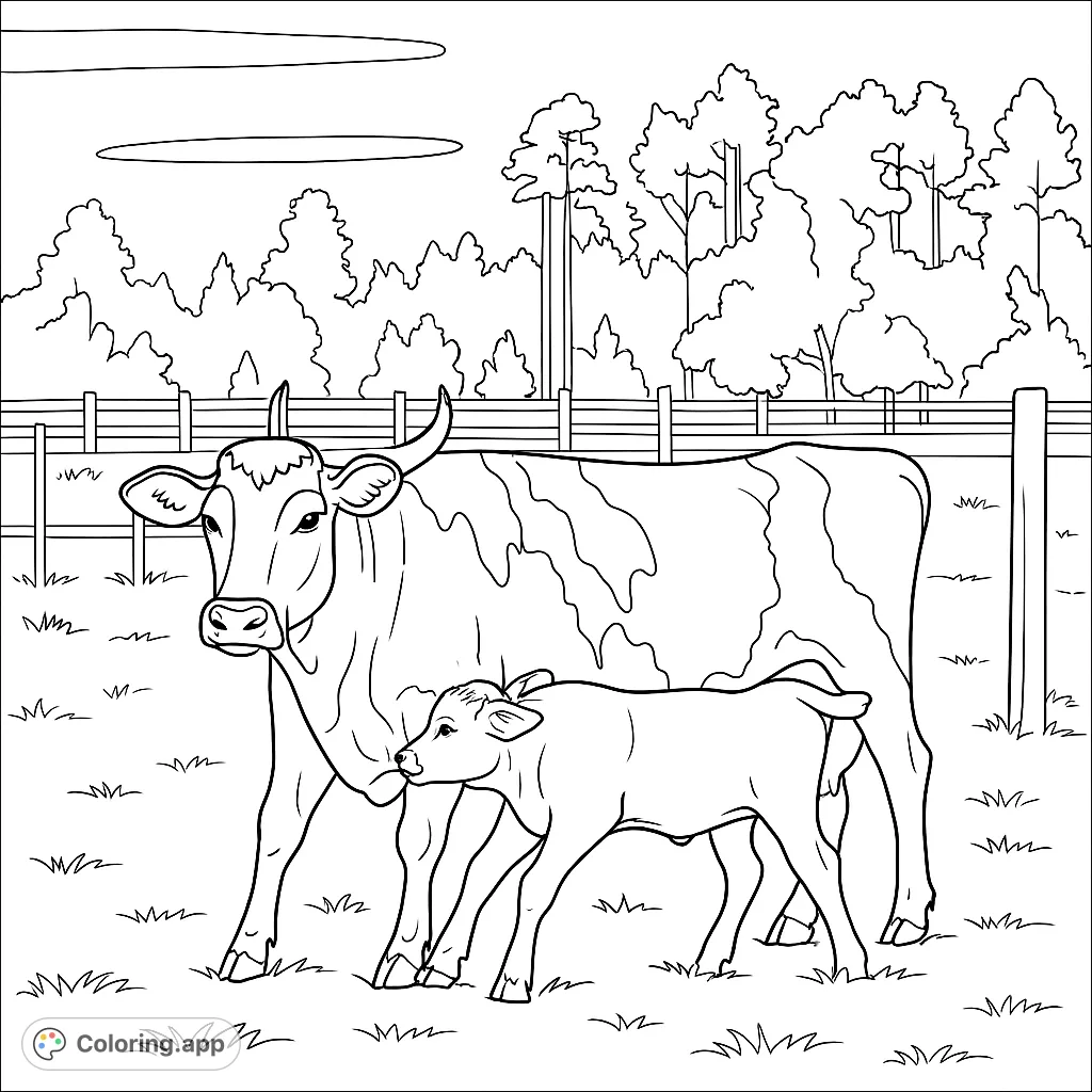 A heartwarming farm scene featuring a cow and its calf in a grassy pasture, perfect for animal lovers of all ages to color and enjoy.