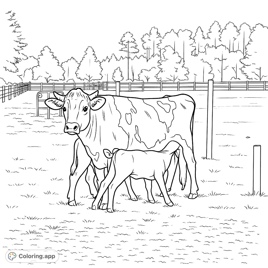 A heartwarming farm scene featuring a cow and its calf in a grassy pasture, perfect for animal lovers and aspiring farmhands.