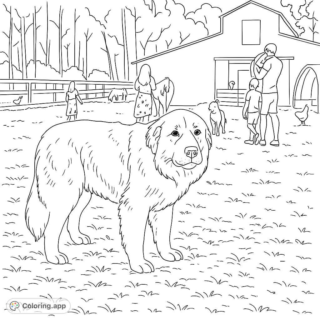A charming farm scene featuring a majestic dog, family, and various animals, perfect for a relaxing farm life coloring page adventure.