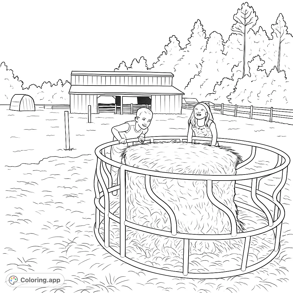 Two joyful children play around a hay bale on a charming farm. A delightful scene with a barn and fields, perfect for a fun farm-themed coloring page.